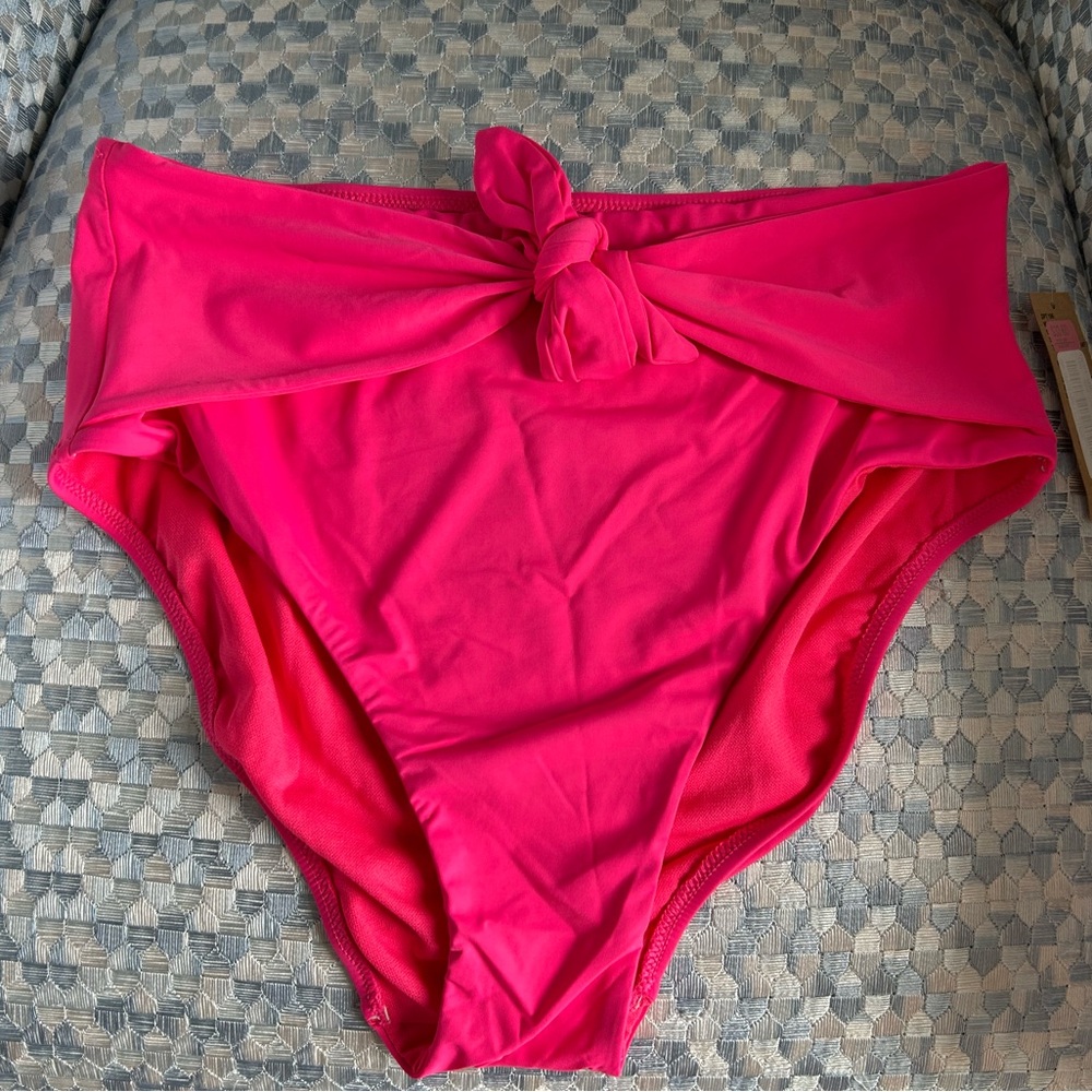 NWT Cremieux Hot Pink High-Waisted Bikini Bottom. Sz large. Tie waist detail.